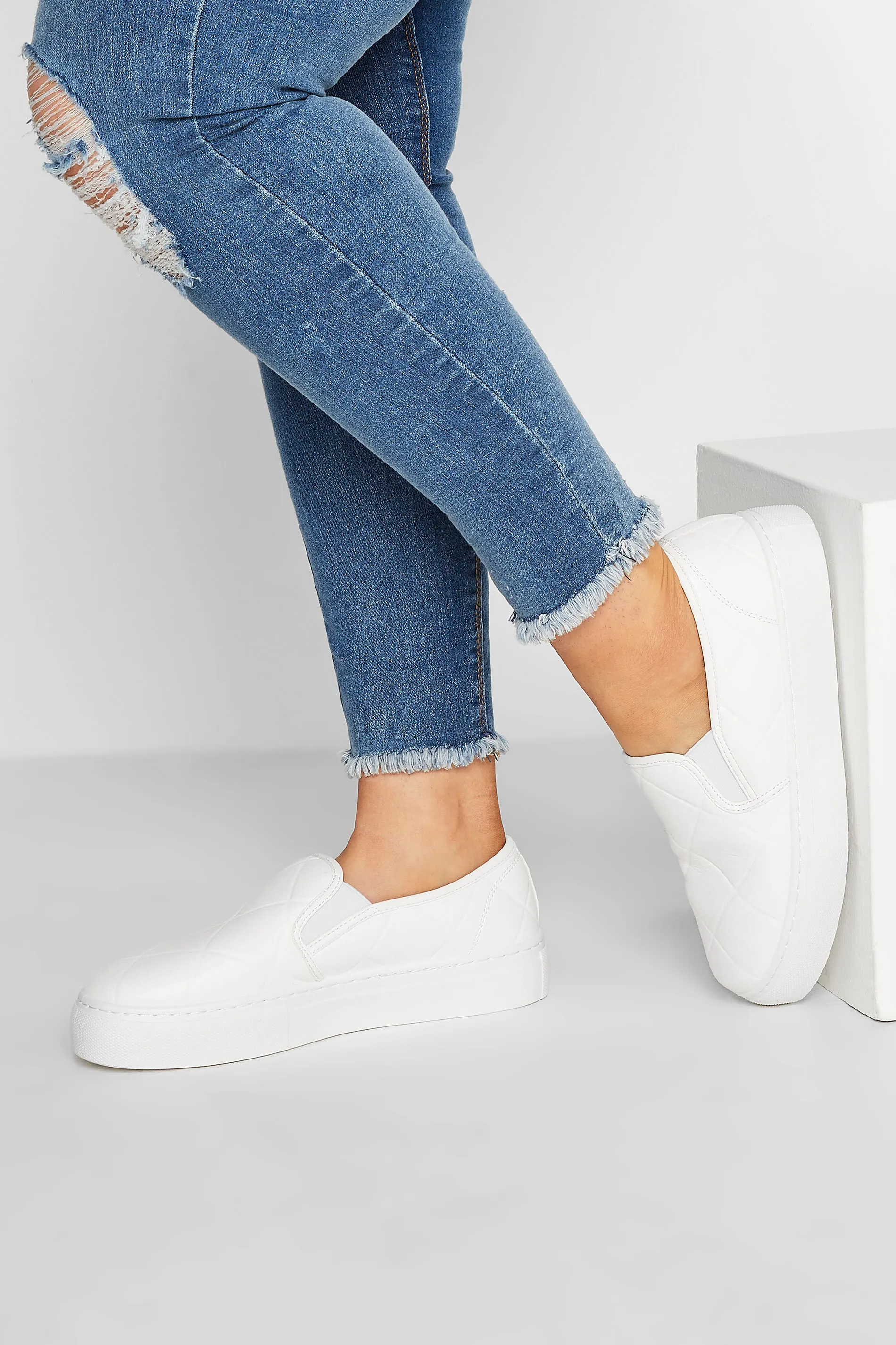 White Quilted Slip-On Trainers In Extra Wide EEE Fit